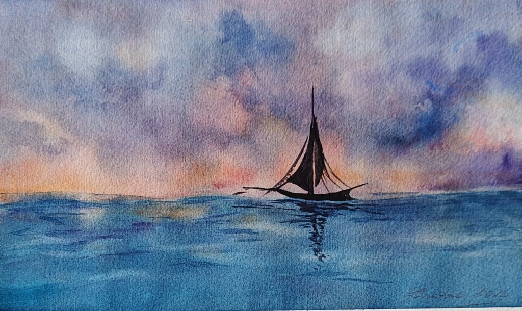 Akvarel painting with sea and boat after sunset