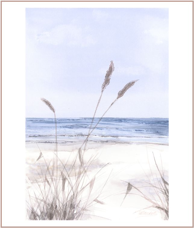 Minimal watercolor painting of a quiet beach shoreline with coastal grasses and soft blue sea, airy seaside artwork by Martina Hastal.