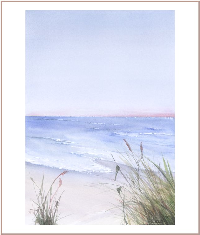 Minimalist watercolor painting of a calm pastel seashore with soft waves and dune grass in gentle morning light.