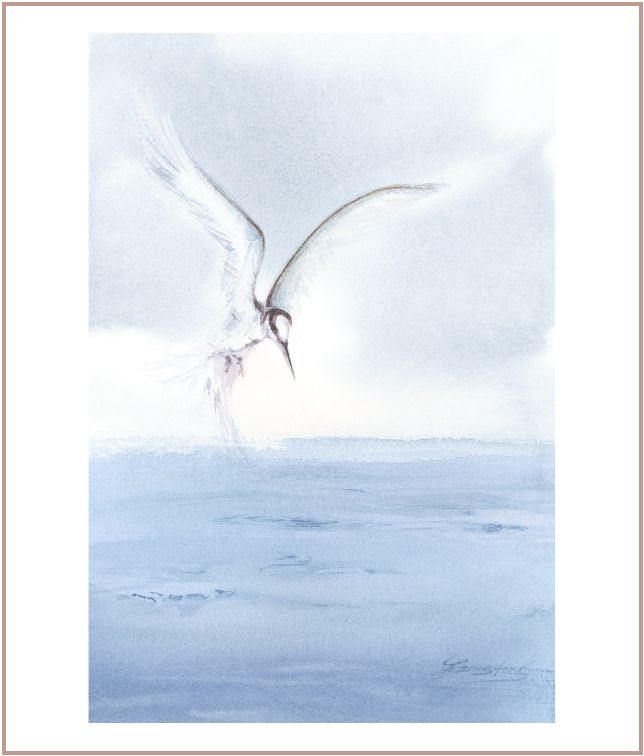 Minimal watercolor painting of a white seabird flying above calm blue ocean in soft pastel tones, coastal artwork by Martina Hastal.