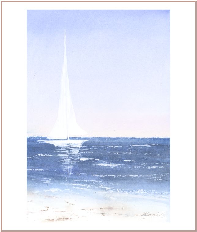 Minimal watercolor painting of a white sailboat on calm blue ocean in soft pastel morning light, coastal artwork by Martina Hastal.