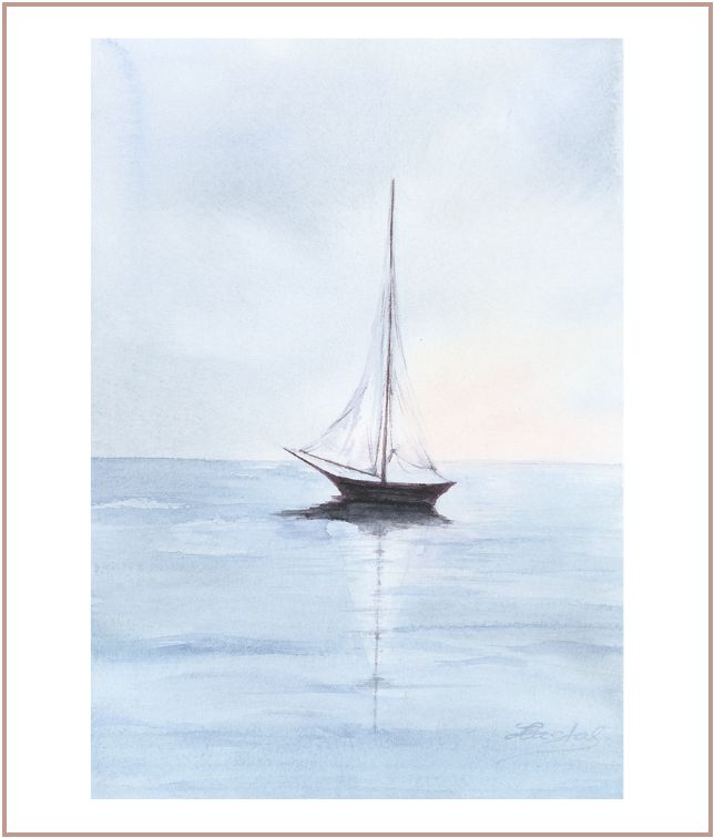 Minimal watercolor painting of a small sailboat resting on calm blue water in soft pastel morning light, coastal artwork by Martina Hastal.