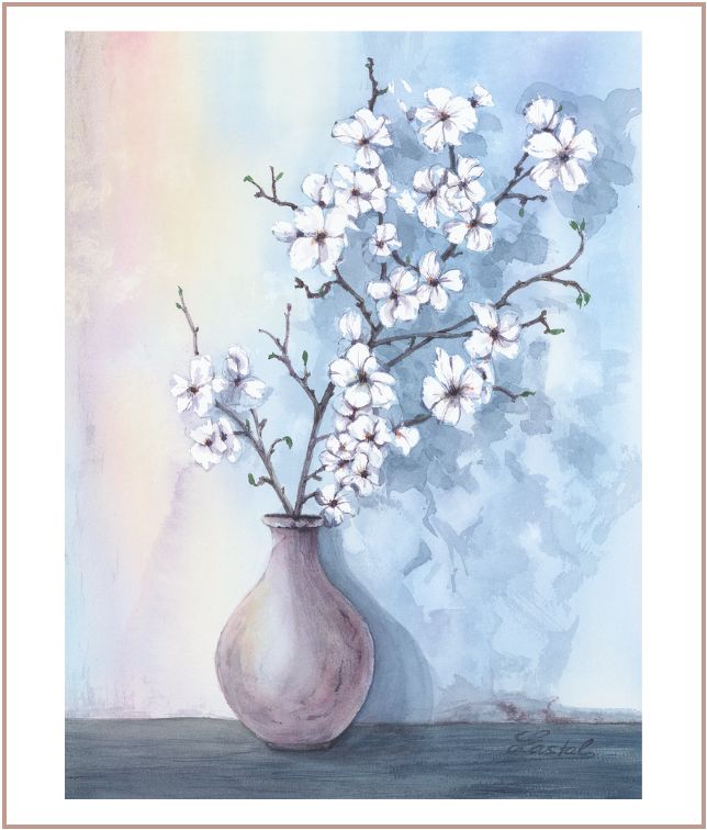 Minimalist watercolor painting of white flowering branches in ceramic vase with soft blue pastel background.