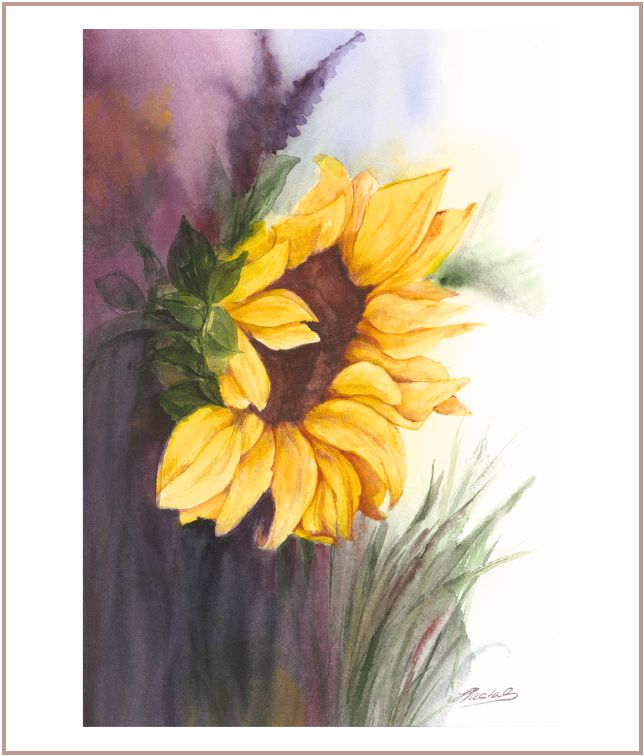 Sunflower watercolor painting with golden petals and deep violet background by Martina Hastal