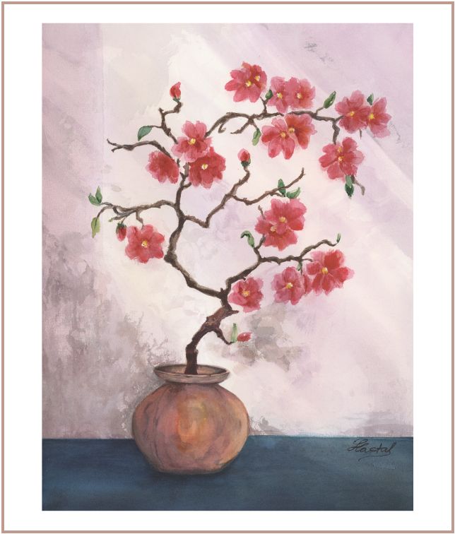Minimalist watercolor painting of pink flowering branch in ceramic vase with soft Japanese-inspired atmosphere.