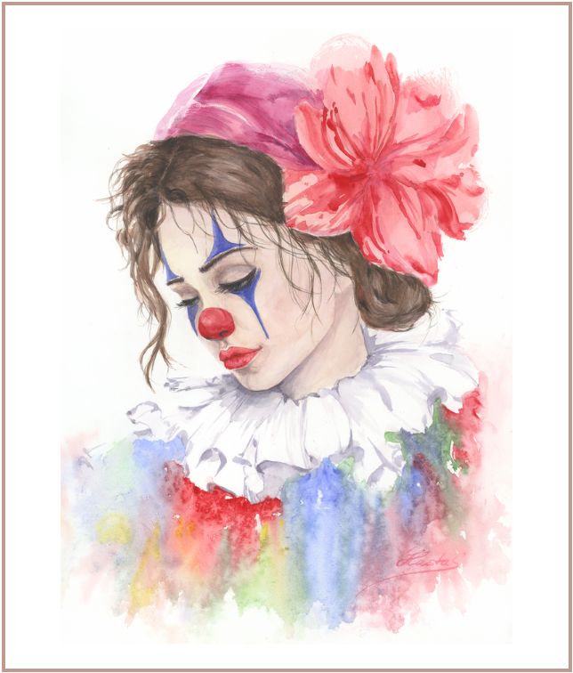 Contemporary watercolor portrait of sad female clown with red nose, blue makeup and pink flower in hair.