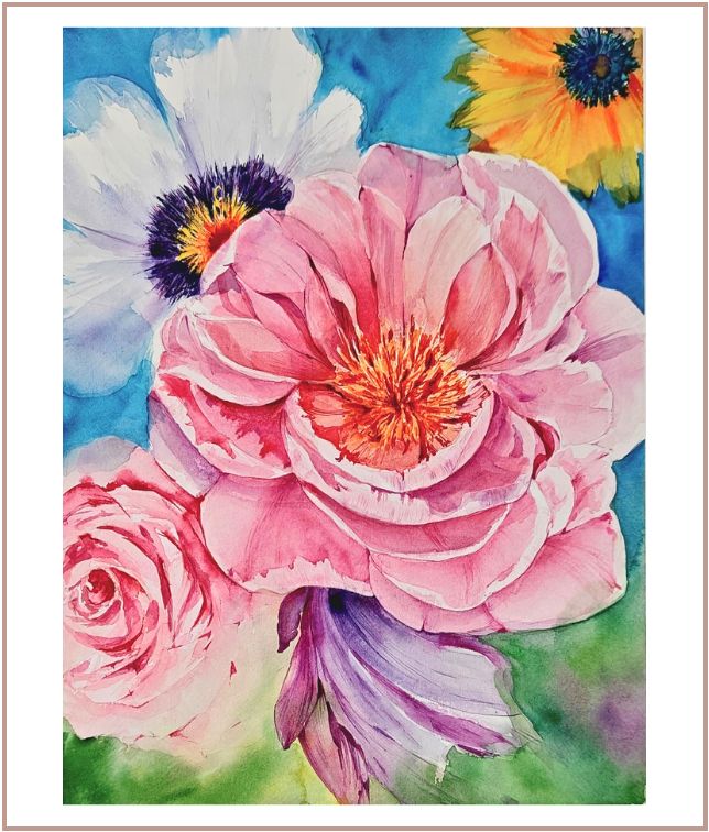 Colorful watercolor painting of pink peonies and white anemones with vivid blue background and expressive floral composition.