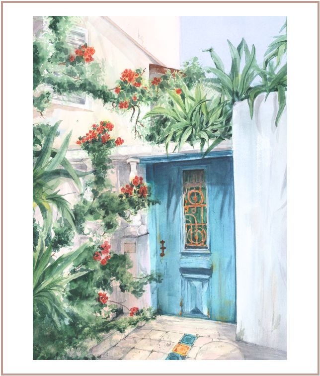 Mediterranean watercolor painting of a turquoise blue door with flowers in Neve Tzedek, Tel Aviv, by Martina Hastal.