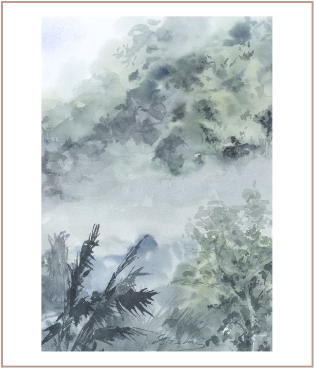 Atmospheric watercolor painting of misty tropical foliage and palms in soft grey-green tones inspired by Thailand, by Martina Hastal.