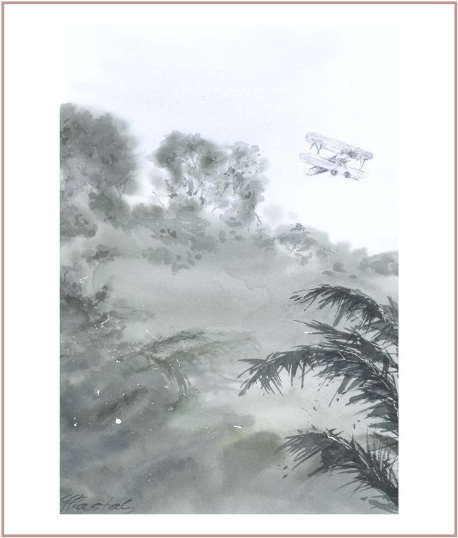 Atmospheric watercolor painting of misty tropical jungle with vintage airplane in soft grey-green tones by Martina Hastal.