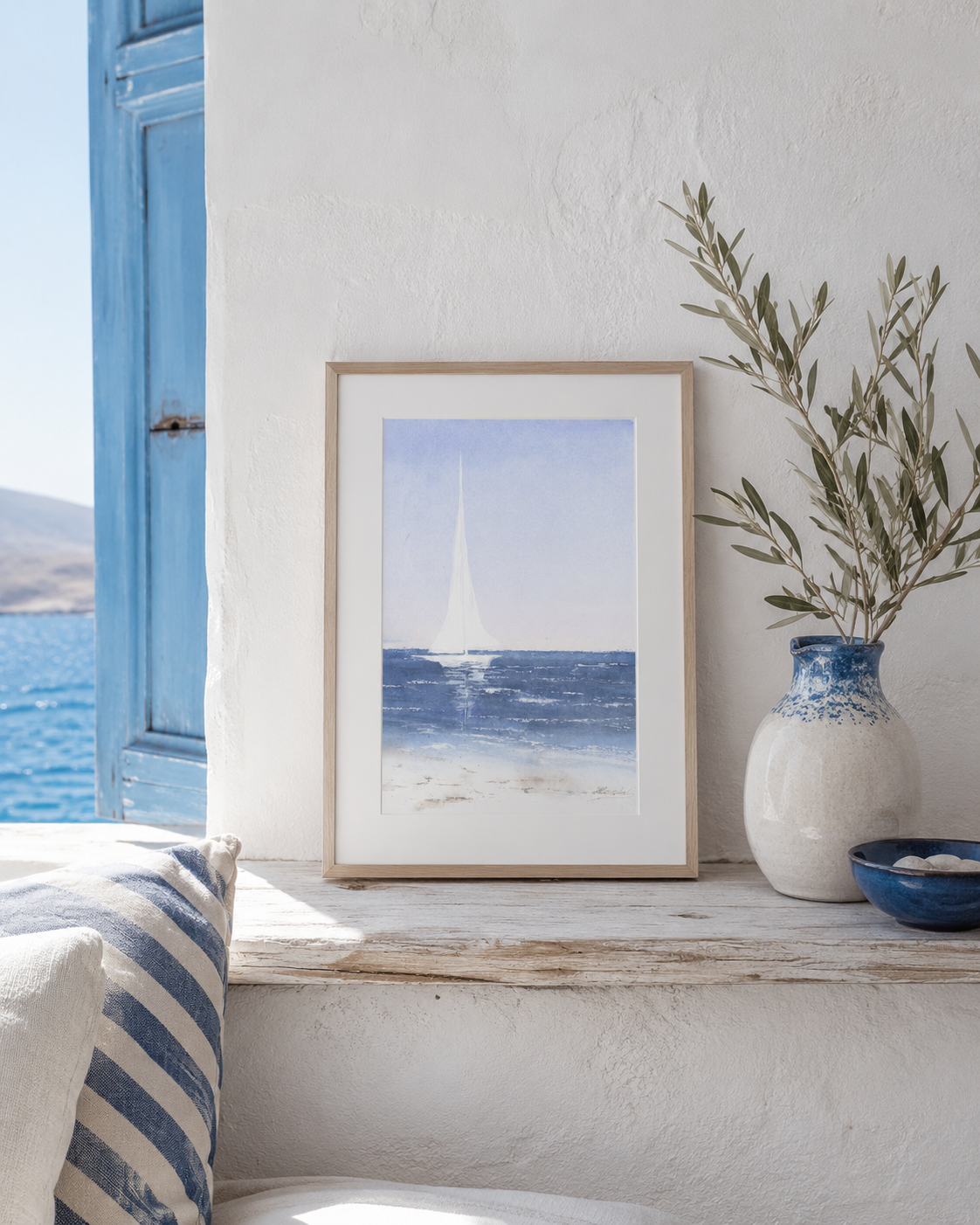 Minimal watercolor painting of a white sailboat on calm blue ocean in soft pastel morning light, coastal artwork by Martina Hastal.